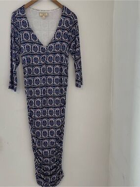 Anthropologie Moulinette Soeurs Navy and White Midi V-Neck Printed Dress